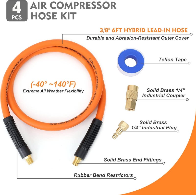 FYPower Air Compressor Whip Hose 3/8 Inch x 6 Feet Lead in Hybrid Hose with Fittings, Flexible and Kink Resistant, 1/4" Industrial Quick Coupler and Plug Kit - Image 2